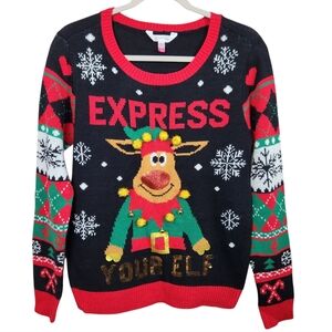 Ugly Christmas Sweater UCS Express Your Elf Sequins Fair Isle Women's Medium